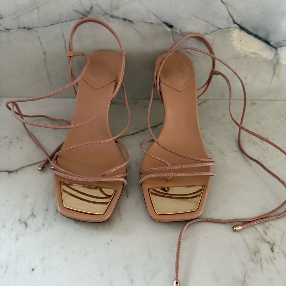 SCHUTZ Nude and Gold Strappy Heels